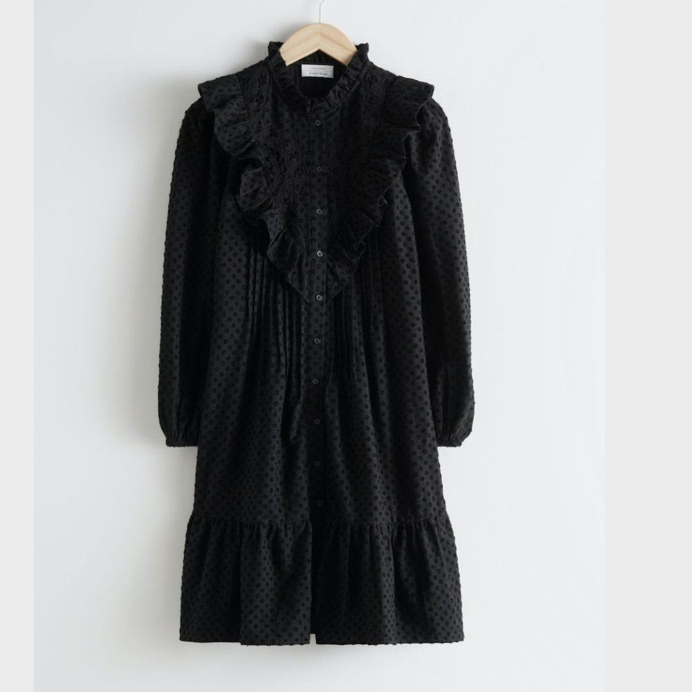 Embroidered Button Up Ruffle Mini Dress